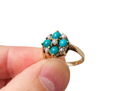 Vintage 9ct Gold Turquoise & Pearl Ring