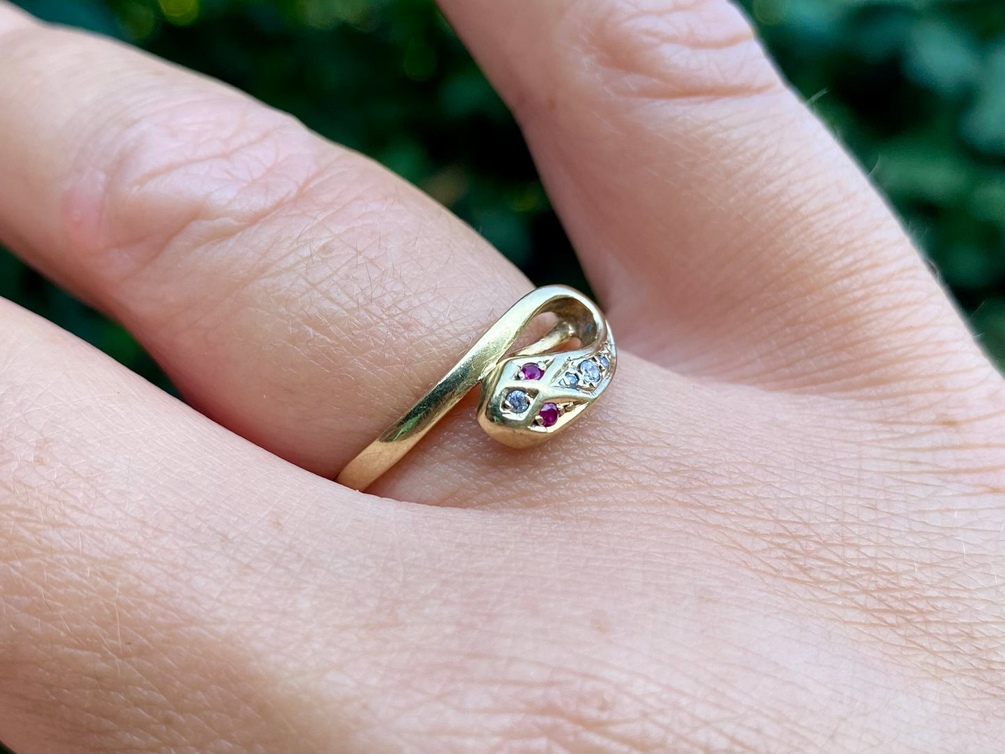 Vintage 9ct Gold Ruby & Zircon Snake Ring