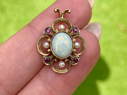 Vintage 9ct Gold Opal,Ruby & Pearl Pendant