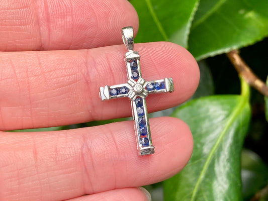 9ct Gold Sapphire & Diamond Cross Pendant