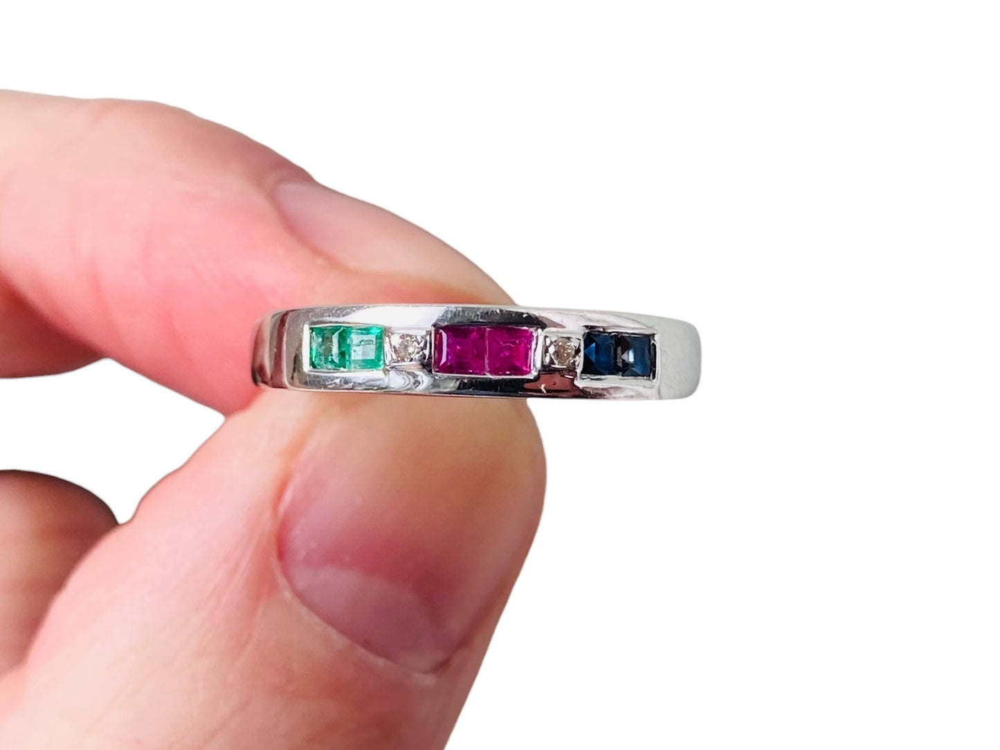 9ct Gold Emerald, Ruby, Sapphire & Diamond Ring