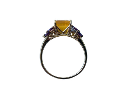 9ct Gold Citrine, Rhodolite Garnet & Diamond Ring
