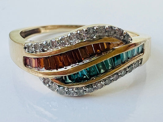 9ct Gold Blue, Red & White Diamond Ring
