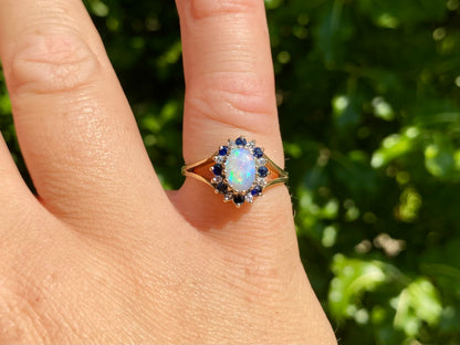 Vintage 9ct Gold Opal, Sapphire & Diamond Ring