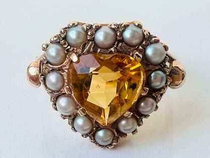 Vintage 9ct Gold Citrine & Pearl Heart Ring