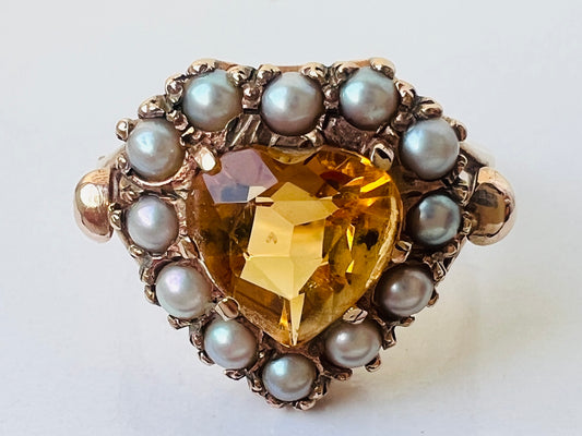 Vintage 9ct Gold Citrine & Pearl Heart Ring