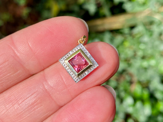 9ct Gold Synthetic Pink Sapphire & Diamond Pendant