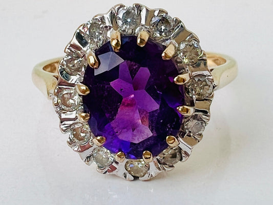 Vintage 9ct Gold Amethyst & Diamond Ring