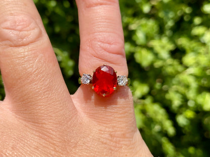 Vintage 9ct Gold Fire Opal & Diamond Ring