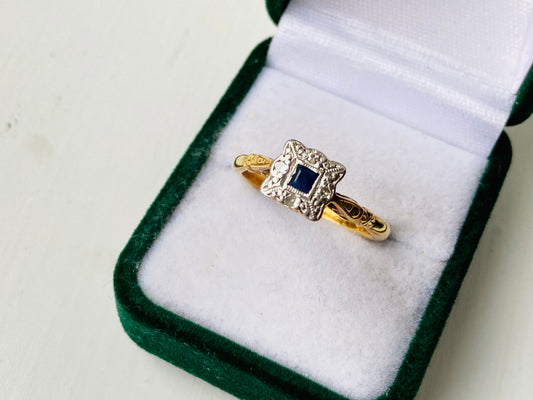 Antique Art Deco 18ct Gold & Platinum Sapphire & Diamond Ring