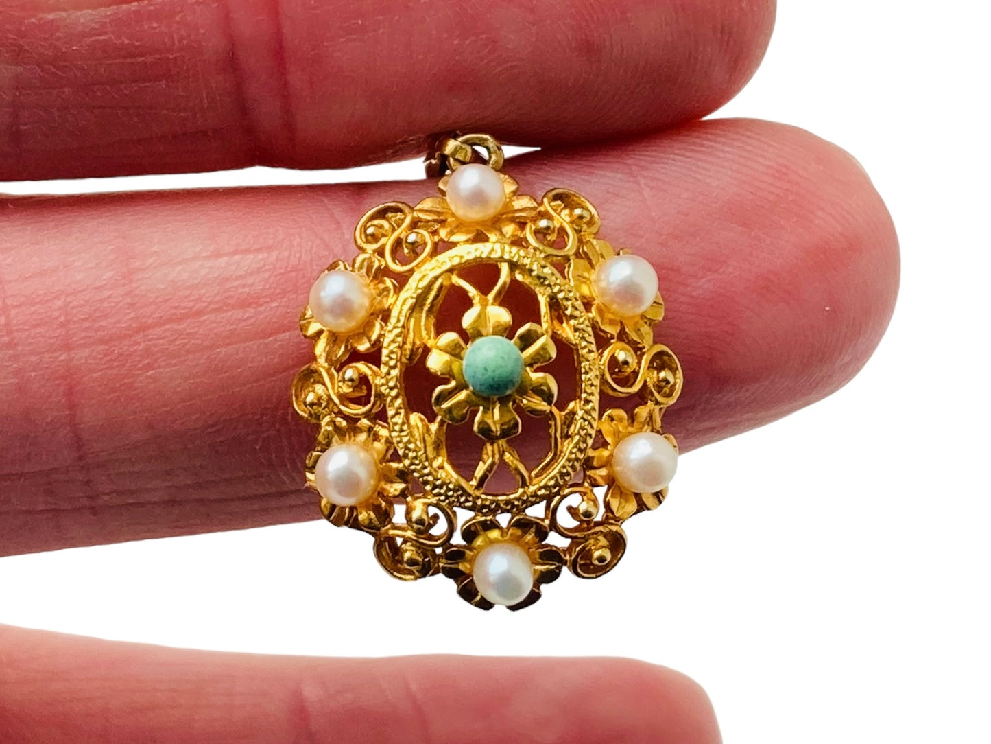 Vintage 9ct Gold Turquoise & Pearl Pendant