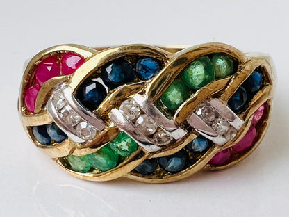 9ct Gold Sapphire, Ruby, Emerald & Diamond Ring