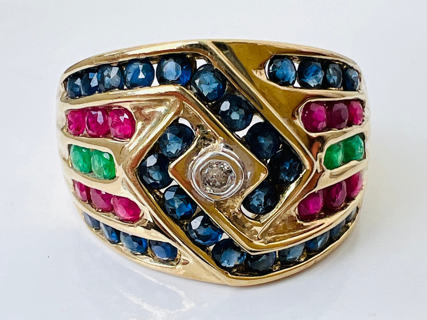 9ct Gold Sapphire, Ruby, Emerald & Diamond Ring