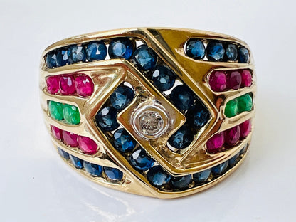 9ct Gold Sapphire, Ruby, Emerald & Diamond Ring