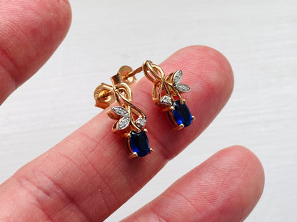 9ct Gold Synthetic Sapphire & Diamond Earrings