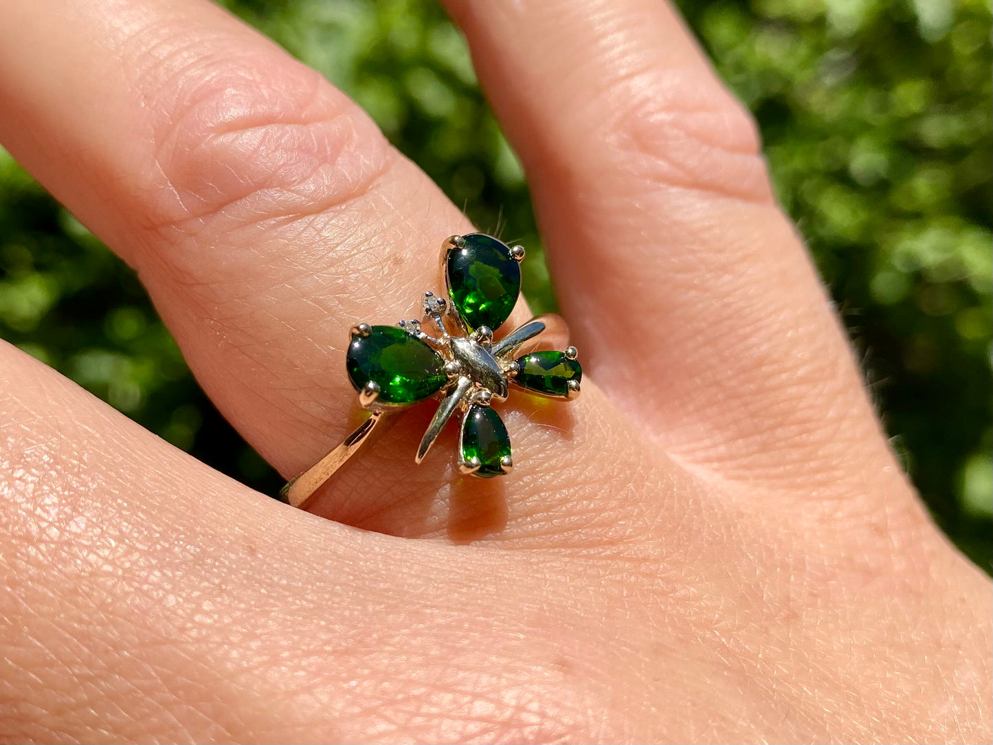9ct Gold Diopside & Diamond Butterfly Ring