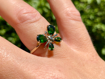 9ct Gold Diopside & Diamond Butterfly Ring
