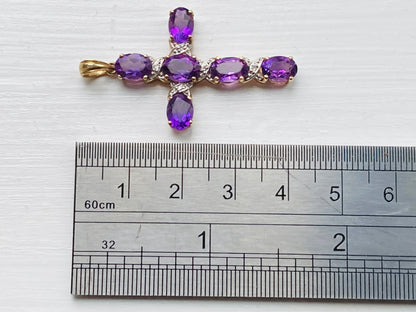 9ct Gold Amethyst Diamond Cross Pendant