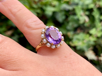 Vintage 9ct Gold Amethyst & Pearl Ring