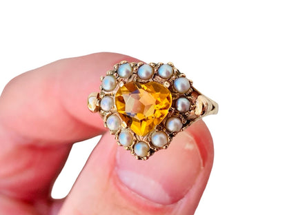 Vintage 9ct Gold Citrine & Pearl Heart Ring