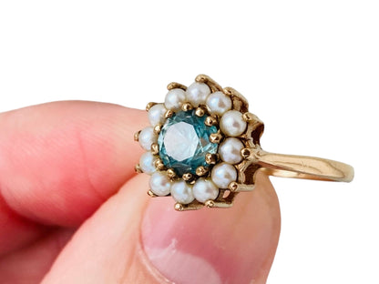 Vintage 9ct Gold Blue Zircon & Pearl Ring