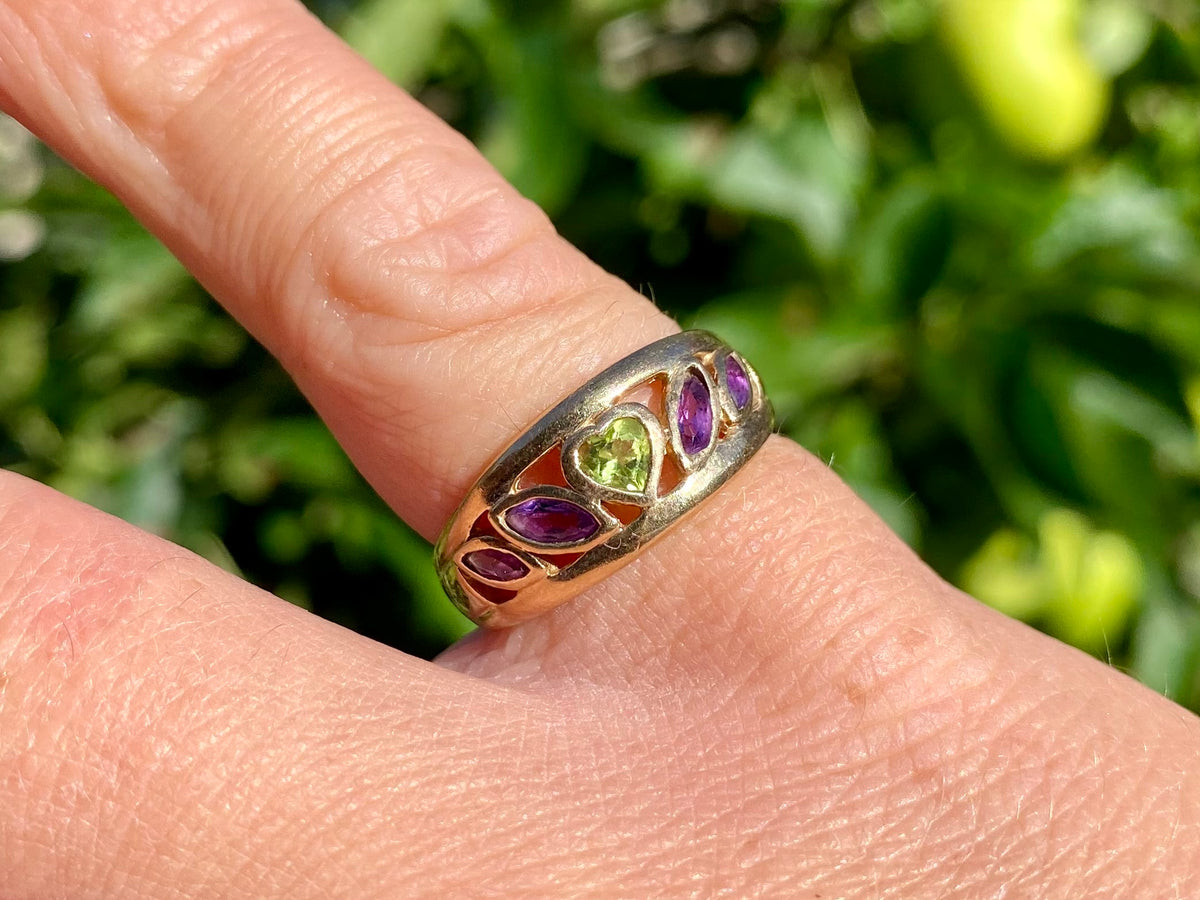 Vintage 9ct Gold Peridot & Amethyst Ring