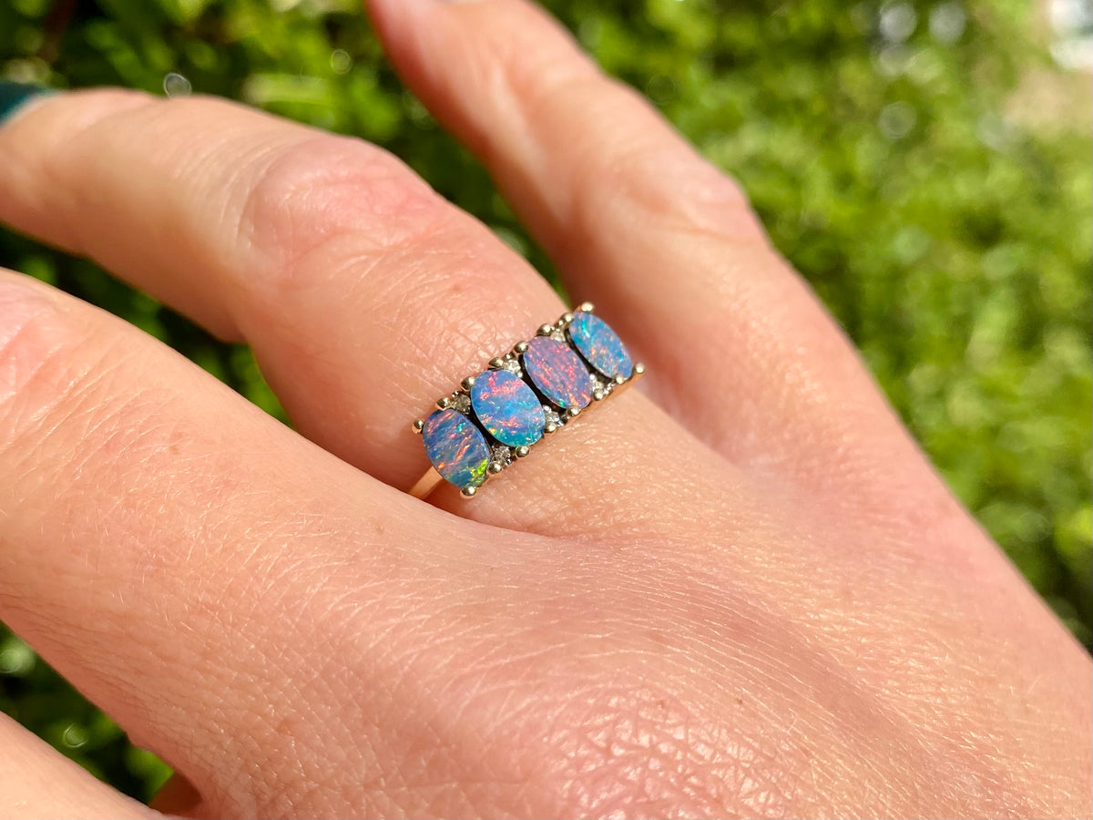 9ct Gold Opal Doublet & Diamond Ring