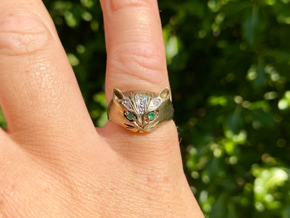 Vintage 9ct Gold Emerald & Diamond Cat Ring