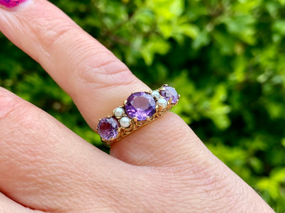 Vintage 9ct Gold Amethyst & Pearl Ring