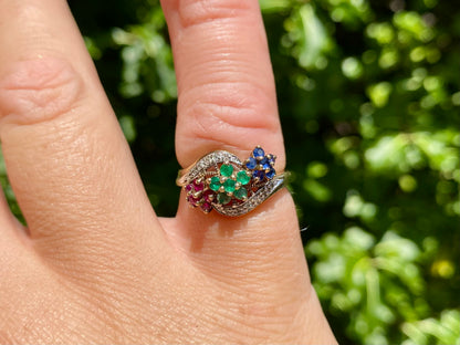 9ct Gold Sapphire, Ruby, Emerald & Diamond Ring