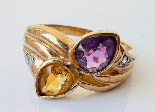 Vintage 9ct Gold Citrine, Amethyst & Diamond Ring