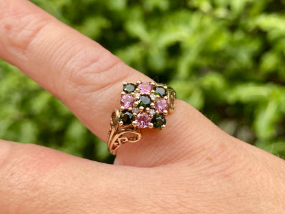 9ct Gold Pink & Green Tourmaline & Diamond Ring