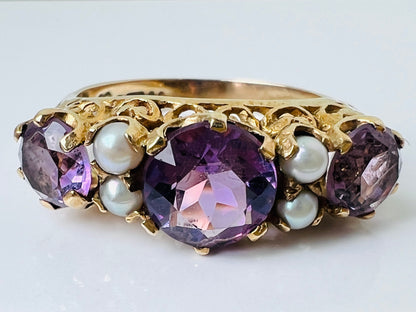 Vintage 9ct Gold Amethyst & Pearl Ring