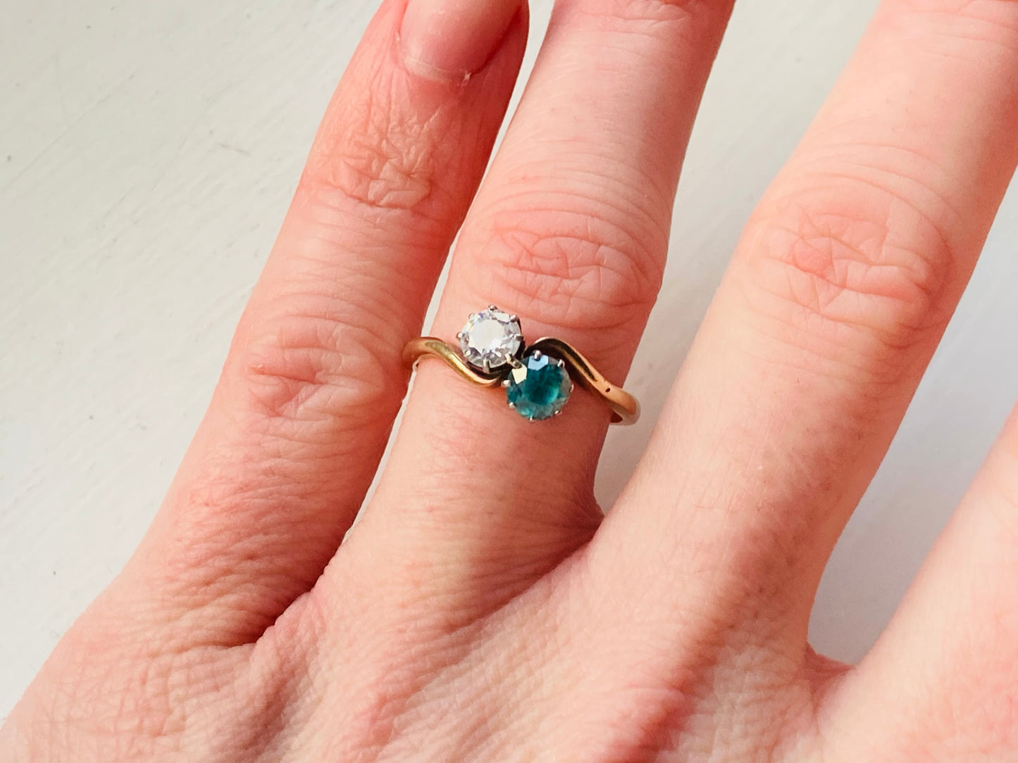 Vintage 9ct Gold Blue Zircon & Paste Toi Et Moi Ring