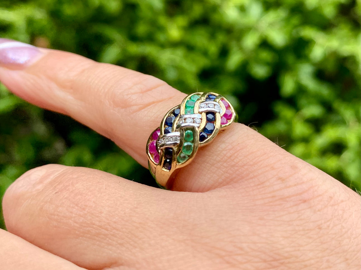 9ct Gold Sapphire, Ruby, Emerald & Diamond Ring