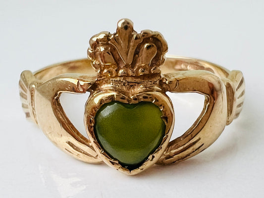 Vintage 9ct Gold Jade Claddagh Diamond Ring