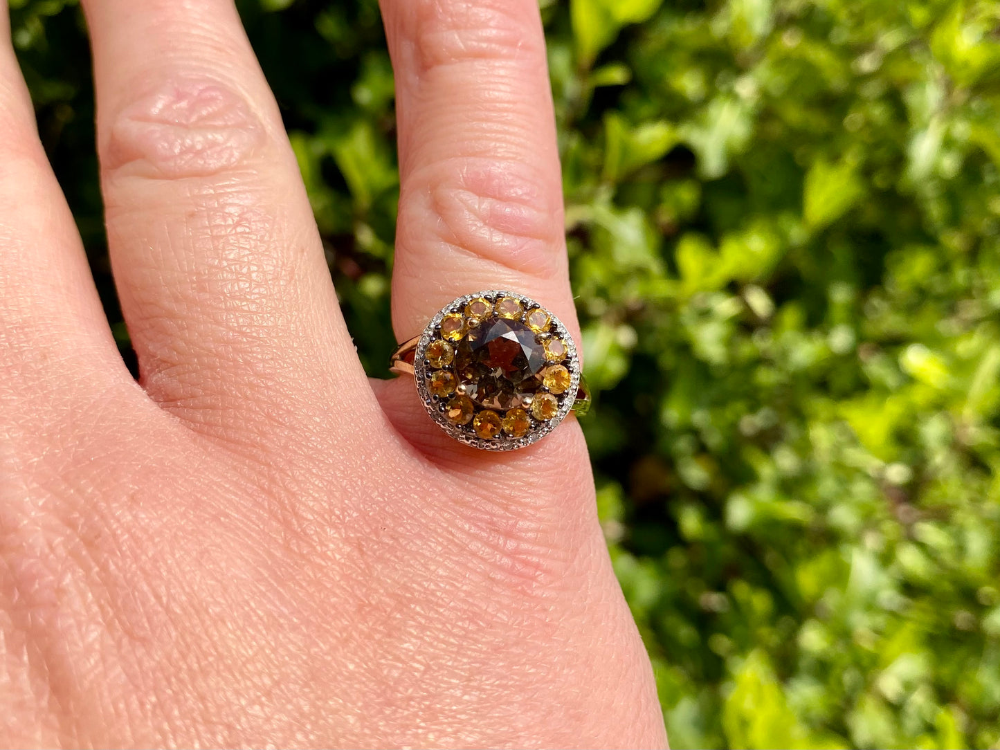 9ct Gold Smoky Quartz, Citrine & Diamond Ring