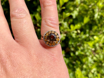 9ct Gold Smoky Quartz, Citrine & Diamond Ring