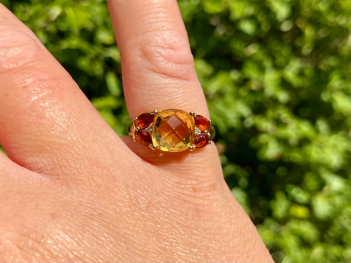9ct Gold Citrine, Garnet & Diamond Ring