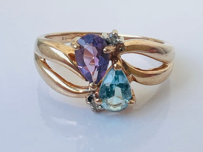 Vintage 9ct Gold Topaz, Amethyst & Diamond Ring