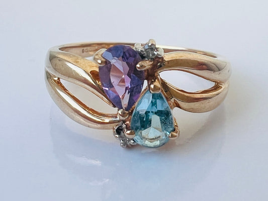 Vintage 9ct Gold Topaz, Amethyst & Diamond Ring