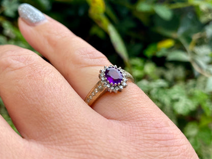 Vintage 9ct Gold Amethyst & Diamond Ring