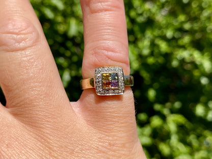9ct Gold Multi-Coloured Sapphire & Diamond Ring