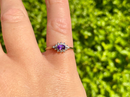Vintage 9ct Gold Amethyst & Diamond Ring