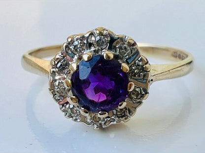 Vintage 9ct Gold Amethyst & Diamond Ring