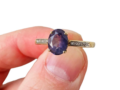 9ct Gold Iolite & Diamond Ring