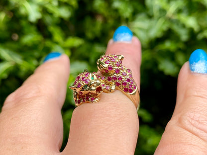 9ct Gold Ruby & Emerald Double Panther Ring