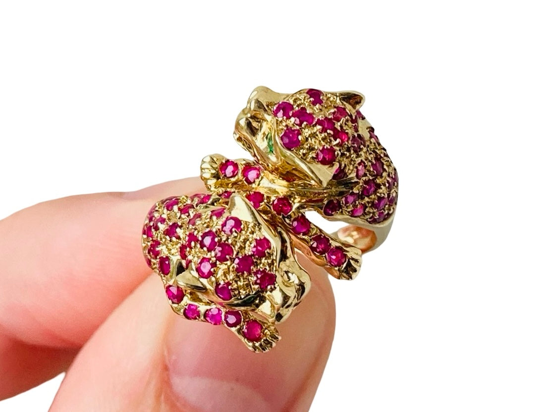 9ct Gold Ruby & Emerald Double Panther Ring