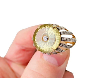 9ct Gold Lemon Quartz & Diamond Lehrer Ring