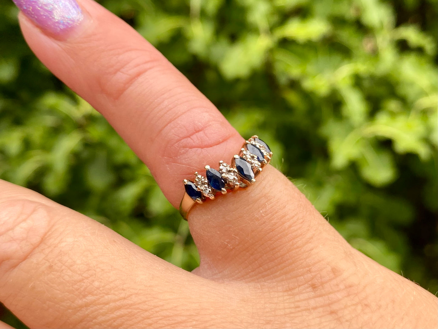Vintage 9ct Gold Sapphire & Diamond Wishbone / Chevron Ring